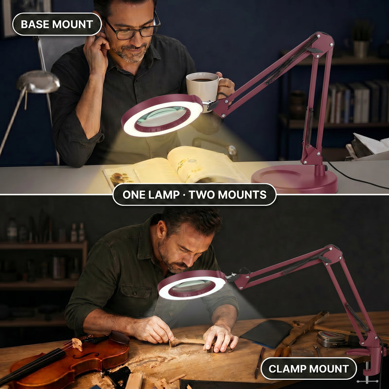 Split image comparing the LED magnifying lamp's base-mount reading setup and clamp-mount workbench setup