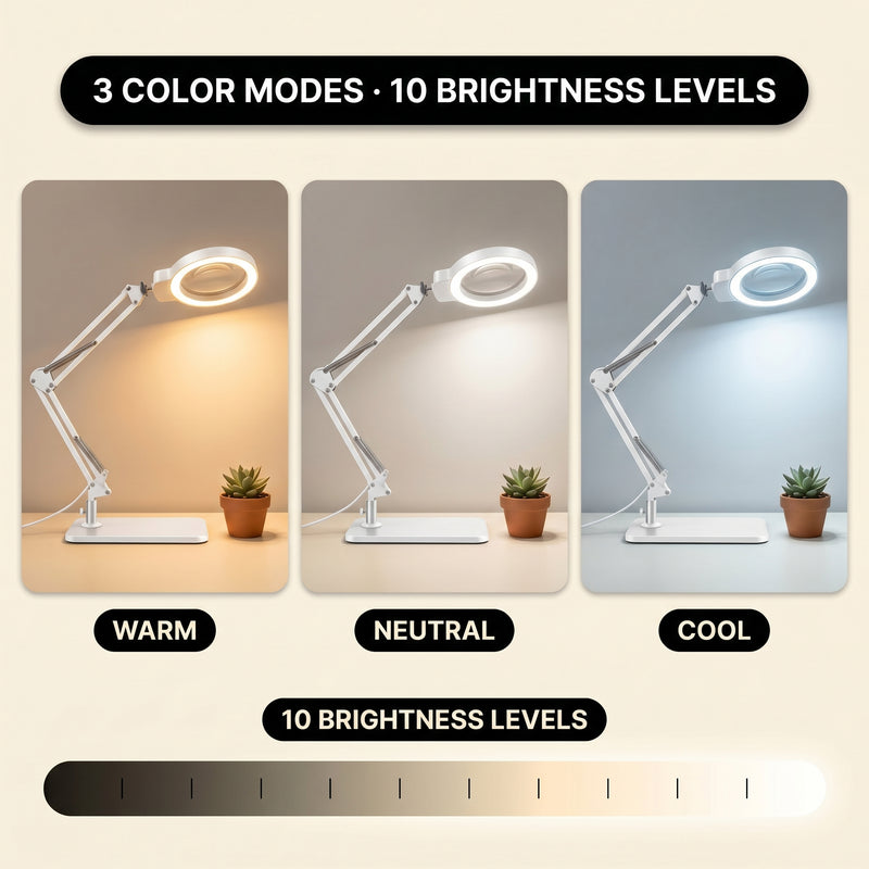 Split image comparing the LED magnifying lamp's base-mount reading setup and clamp-mount workbench setup