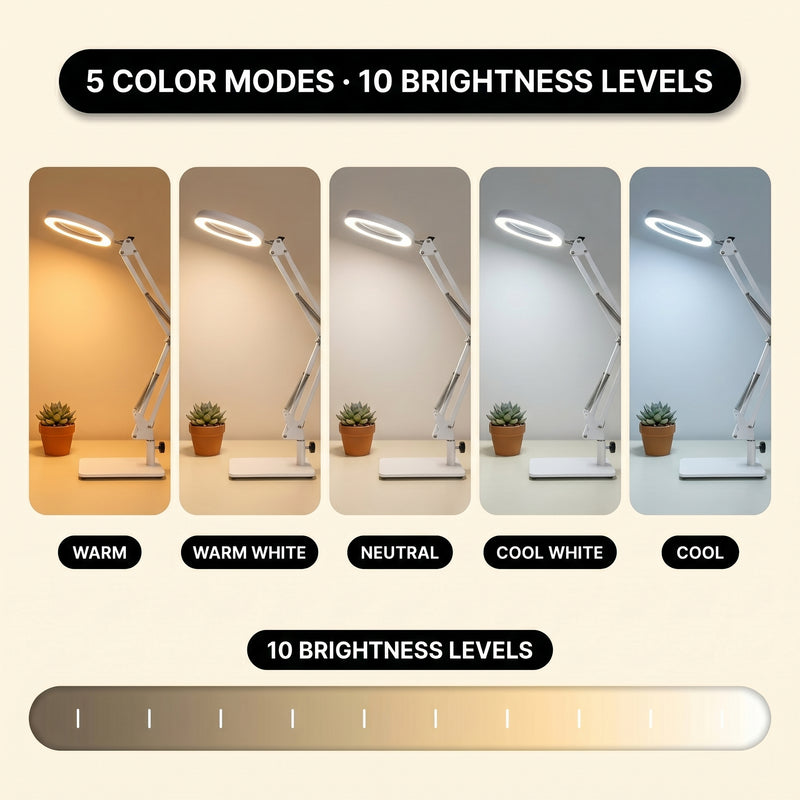 Split image comparing the LED magnifying lamp's base-mount reading setup and clamp-mount workbench setup