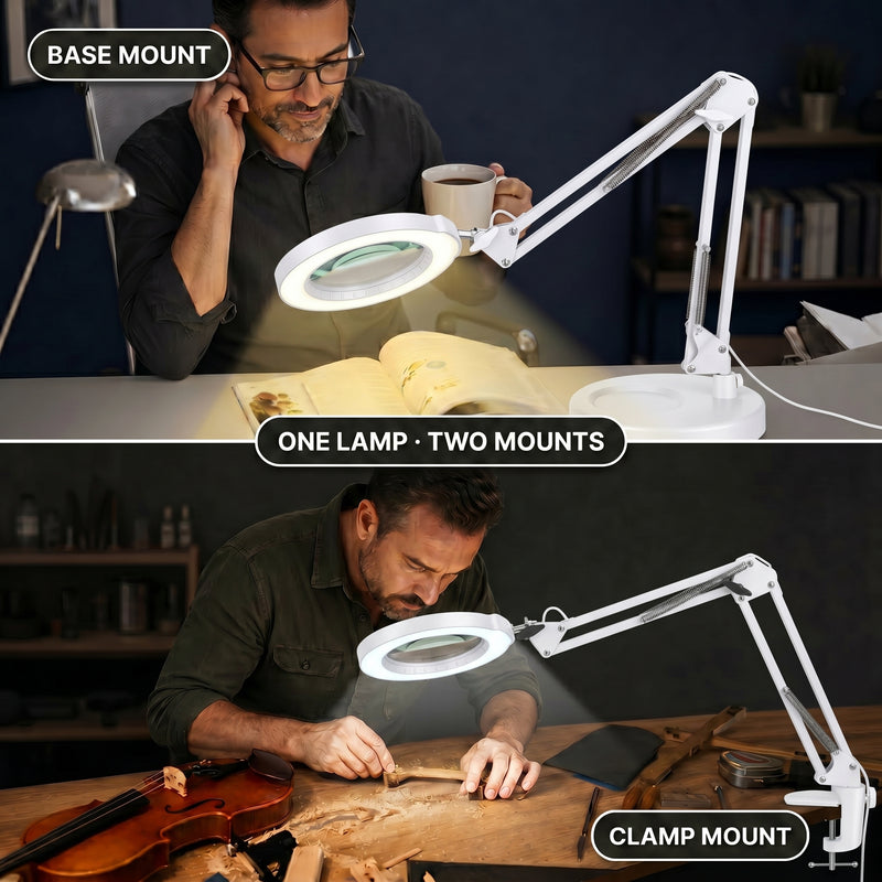 Split image comparing the LED magnifying lamp's base-mount reading setup and clamp-mount workbench setup