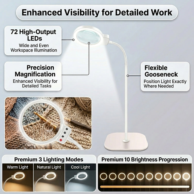 Split image comparing the LED magnifying lamp's base-mount reading setup and clamp-mount workbench setup