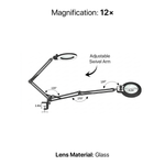 Diagram of the black LED magnifying lamp showing 10-inch arm segments, 7.35-inch base, and 10X glass lens