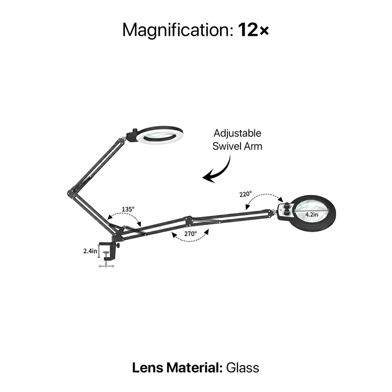 Diagram of the black LED magnifying lamp showing 10-inch arm segments, 7.35-inch base, and 10X glass lens