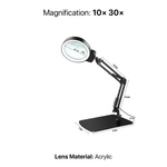 Diagram of the black LED magnifying lamp showing 10-inch arm segments, 7.35-inch base, and 10X glass lens