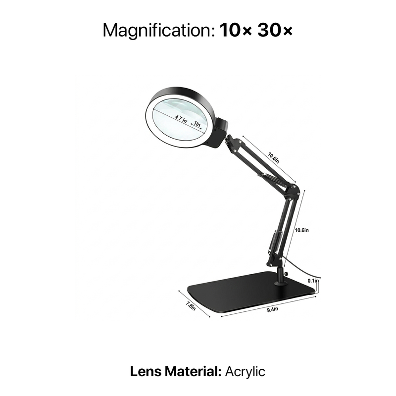 Diagram of the black LED magnifying lamp showing 10-inch arm segments, 7.35-inch base, and 10X glass lens