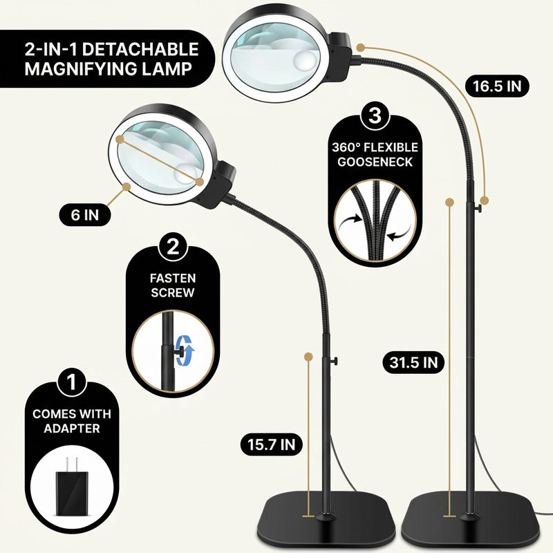 Diagram of the black LED magnifying lamp showing 10-inch arm segments, 7.35-inch base, and 10X glass lens