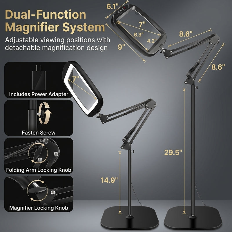 Diagram of the black LED magnifying lamp showing 10-inch arm segments, 7.35-inch base, and 10X glass lens
