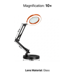 Diagram of the black LED magnifying lamp showing 10-inch arm segments, 7.35-inch base, and 10X glass lens