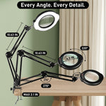 Diagram of the black LED magnifying lamp showing 10-inch arm segments, 7.35-inch base, and 10X glass lens