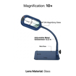 Diagram of the black LED magnifying lamp showing 10-inch arm segments, 7.35-inch base, and 10X glass lens