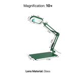 Diagram of the black LED magnifying lamp showing 10-inch arm segments, 7.35-inch base, and 10X glass lens