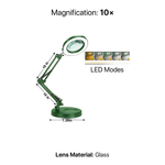 Diagram of the black LED magnifying lamp showing 10-inch arm segments, 7.35-inch base, and 10X glass lens
