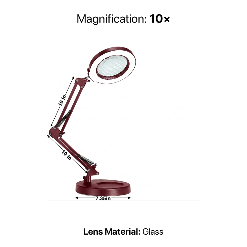 Diagram of the black LED magnifying lamp showing 10-inch arm segments, 7.35-inch base, and 10X glass lens