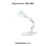 Diagram of the black LED magnifying lamp showing 10-inch arm segments, 7.35-inch base, and 10X glass lens