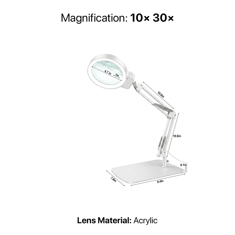 Diagram of the black LED magnifying lamp showing 10-inch arm segments, 7.35-inch base, and 10X glass lens