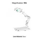 Diagram of the black LED magnifying lamp showing 10-inch arm segments, 7.35-inch base, and 10X glass lens