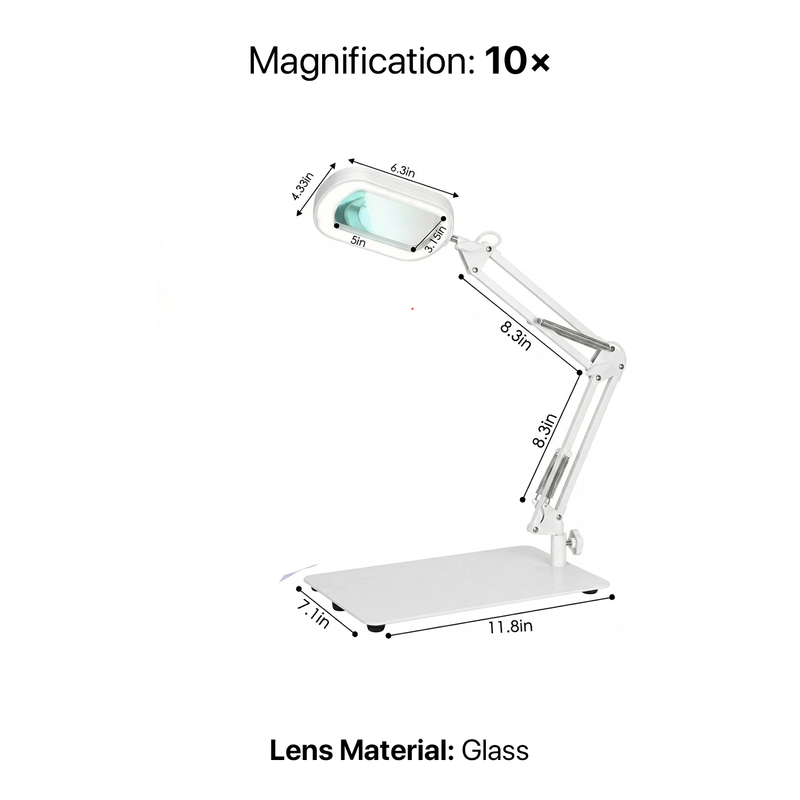 Diagram of the black LED magnifying lamp showing 10-inch arm segments, 7.35-inch base, and 10X glass lens