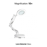Diagram of the black LED magnifying lamp showing 10-inch arm segments, 7.35-inch base, and 10X glass lens