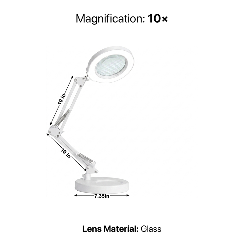 Diagram of the black LED magnifying lamp showing 10-inch arm segments, 7.35-inch base, and 10X glass lens