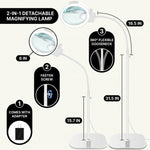 Diagram of the black LED magnifying lamp showing 10-inch arm segments, 7.35-inch base, and 10X glass lens