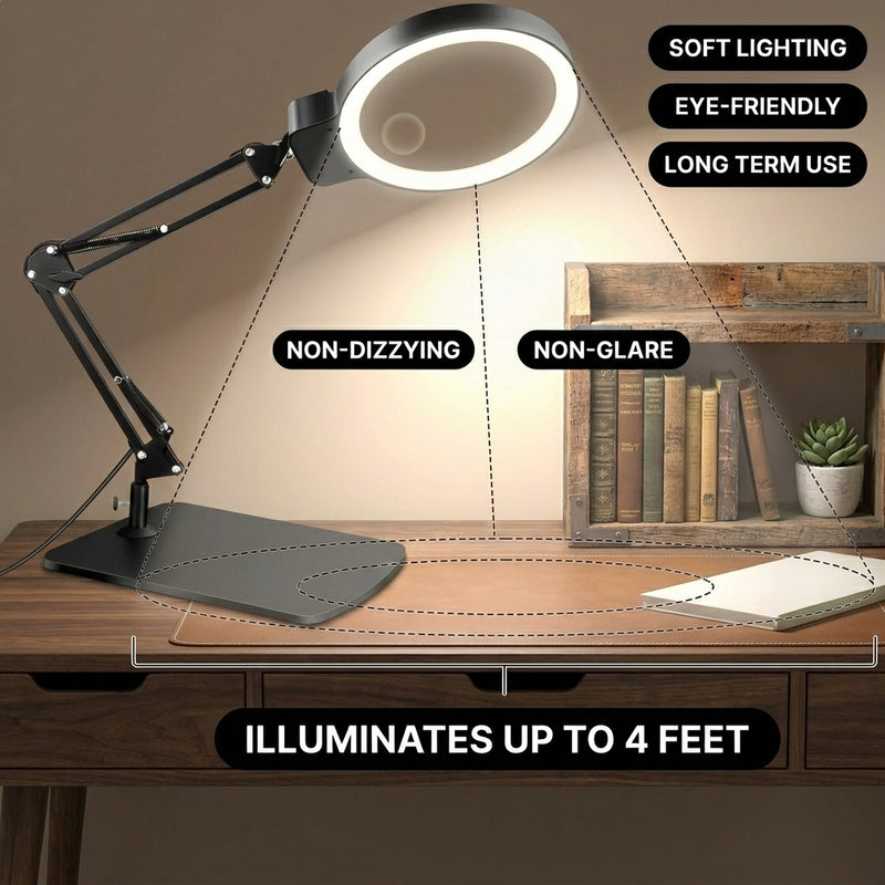 Man using a clamp-mounted LED magnifying lamp to hand-paint a miniature figure at a hobby desk