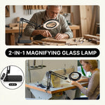 Man using a clamp-mounted LED magnifying lamp to hand-paint a miniature figure at a hobby desk
