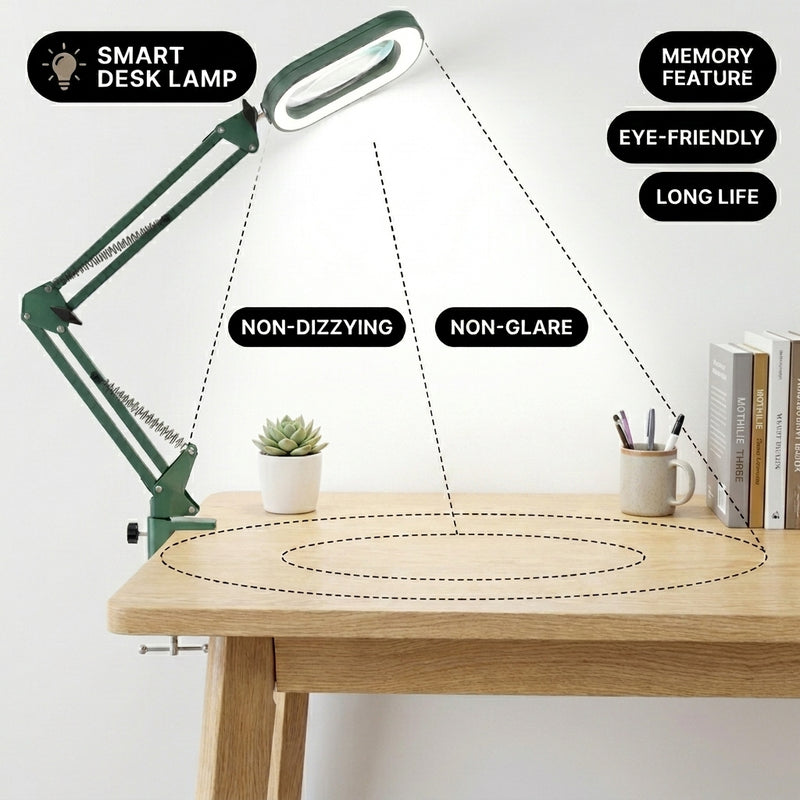Man using a clamp-mounted LED magnifying lamp to hand-paint a miniature figure at a hobby desk