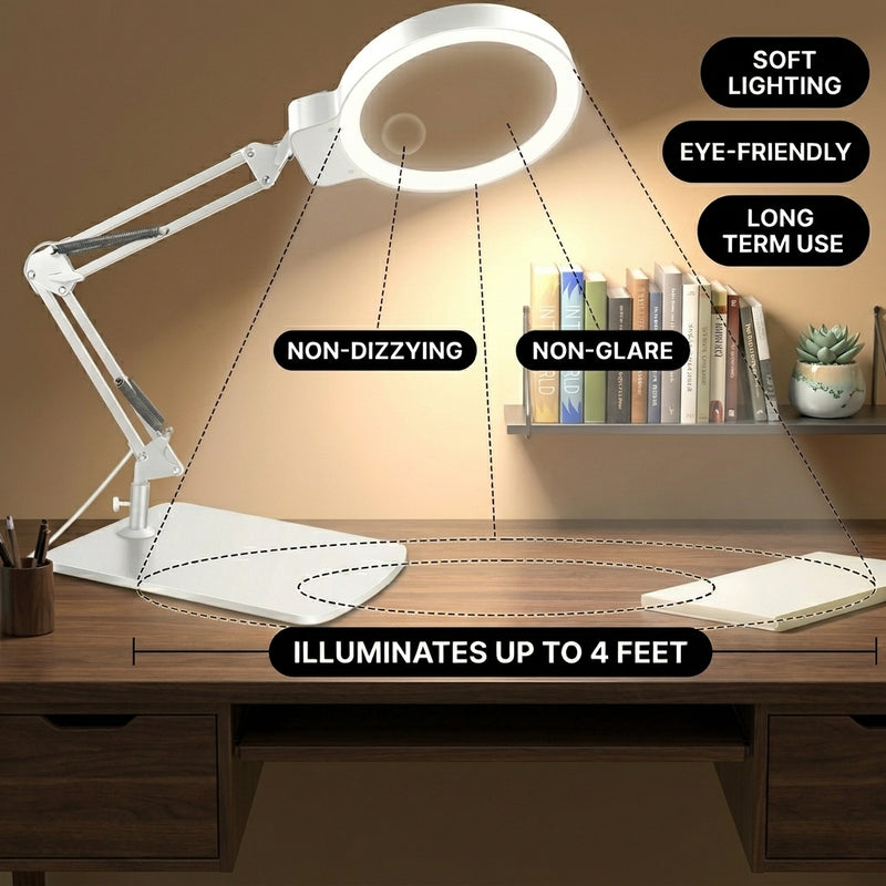 Man using a clamp-mounted LED magnifying lamp to hand-paint a miniature figure at a hobby desk