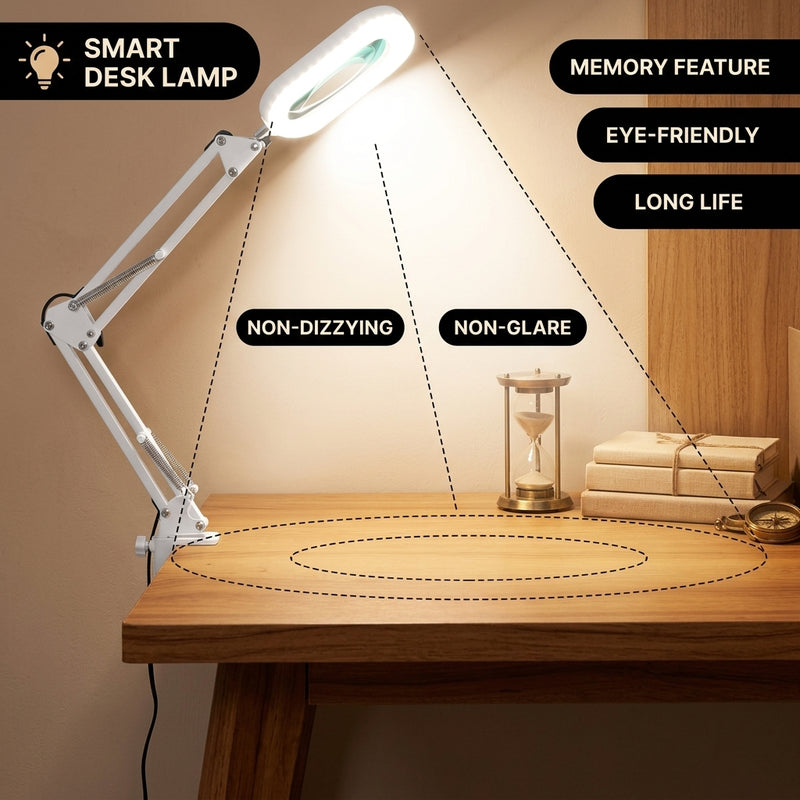 Man using a clamp-mounted LED magnifying lamp to hand-paint a miniature figure at a hobby desk