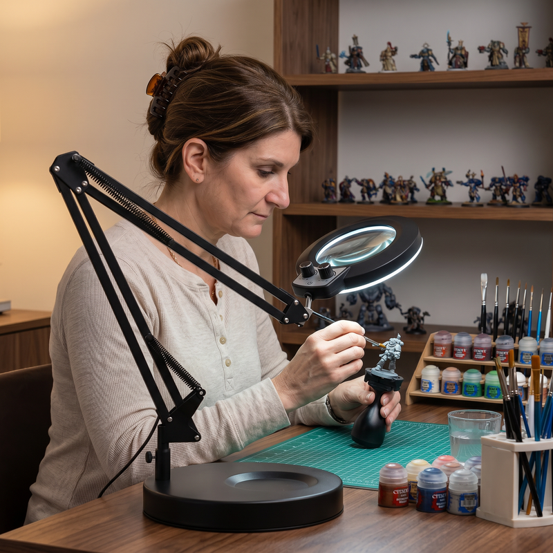 Mother and daughter using a black LED magnifying lamp on a desk for a nature journaling project