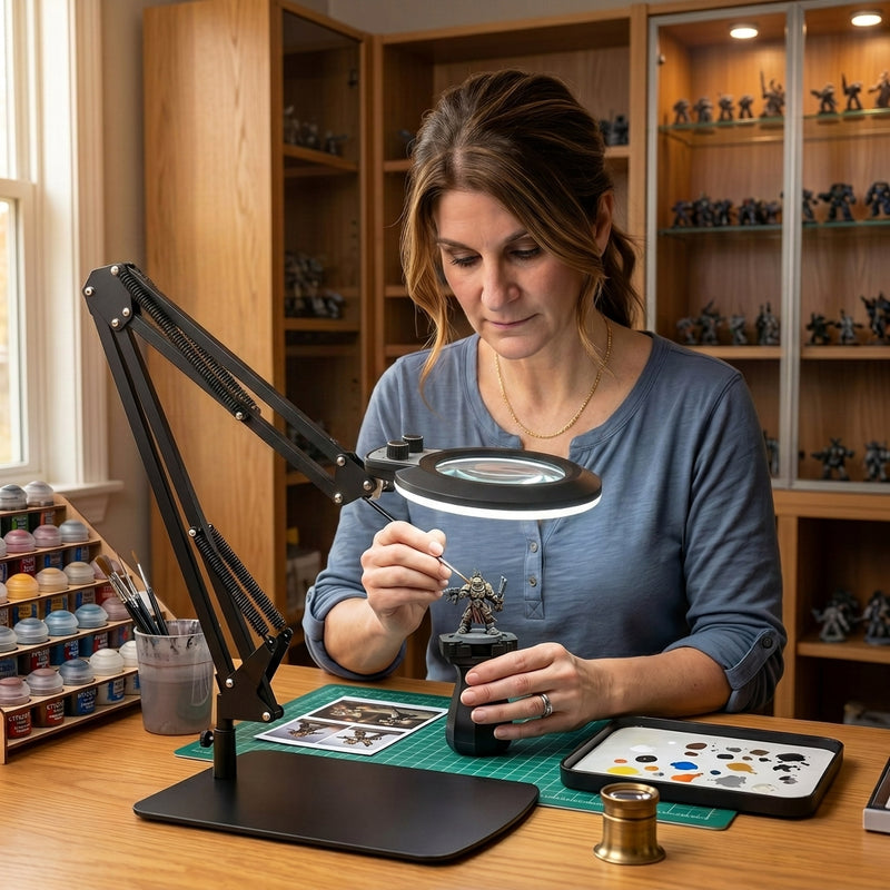 Mother and daughter using a black LED magnifying lamp on a desk for a nature journaling project