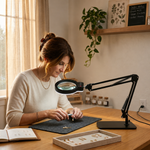 Mother and daughter using a black LED magnifying lamp on a desk for a nature journaling project