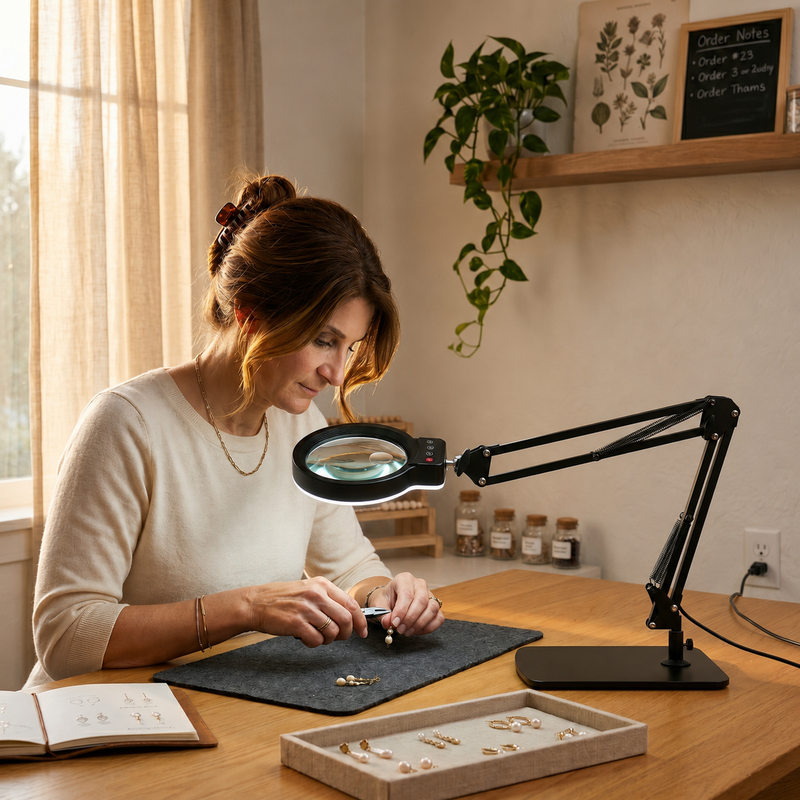 Mother and daughter using a black LED magnifying lamp on a desk for a nature journaling project