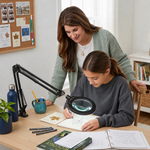 Mother and daughter using a black LED magnifying lamp on a desk for a nature journaling project
