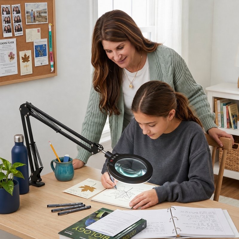 Mother and daughter using a black LED magnifying lamp on a desk for a nature journaling project