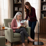 Mother and daughter using a black LED magnifying lamp on a desk for a nature journaling project