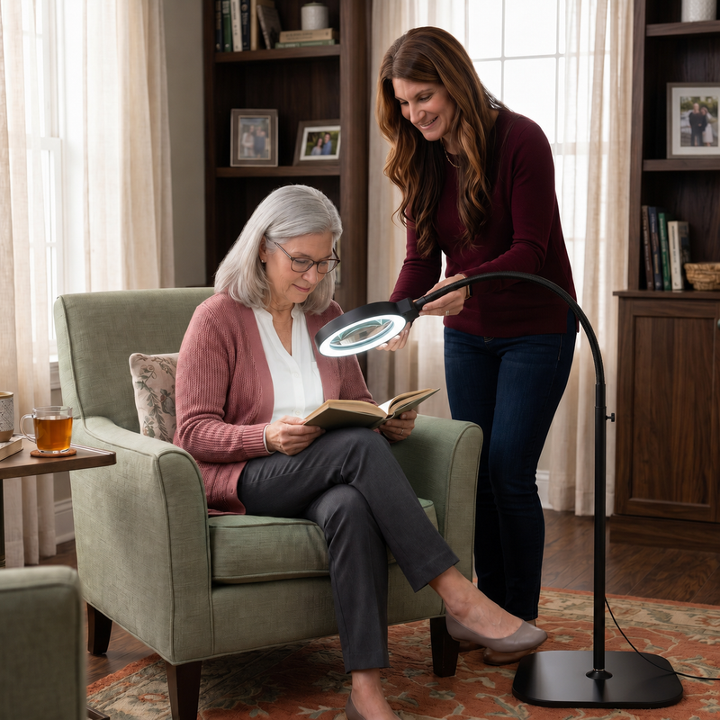 Mother and daughter using a black LED magnifying lamp on a desk for a nature journaling project