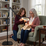 Mother and daughter using a black LED magnifying lamp on a desk for a nature journaling project