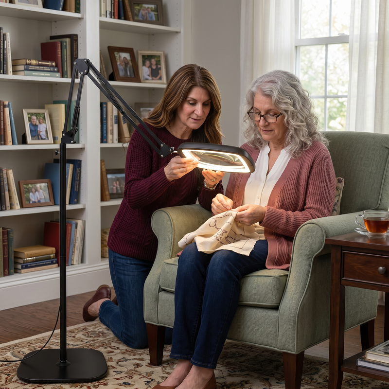Mother and daughter using a black LED magnifying lamp on a desk for a nature journaling project