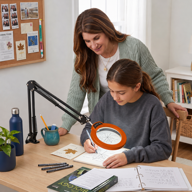 Mother and daughter using a black LED magnifying lamp on a desk for a nature journaling project