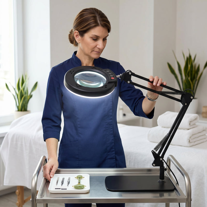 Mother and daughter using a black LED magnifying lamp on a desk for a nature journaling project