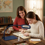 Mother and daughter using a black LED magnifying lamp on a desk for a nature journaling project