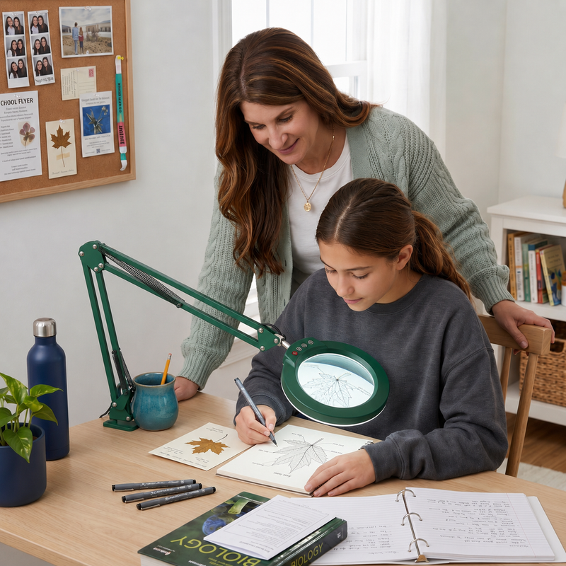 Mother and daughter using a black LED magnifying lamp on a desk for a nature journaling project