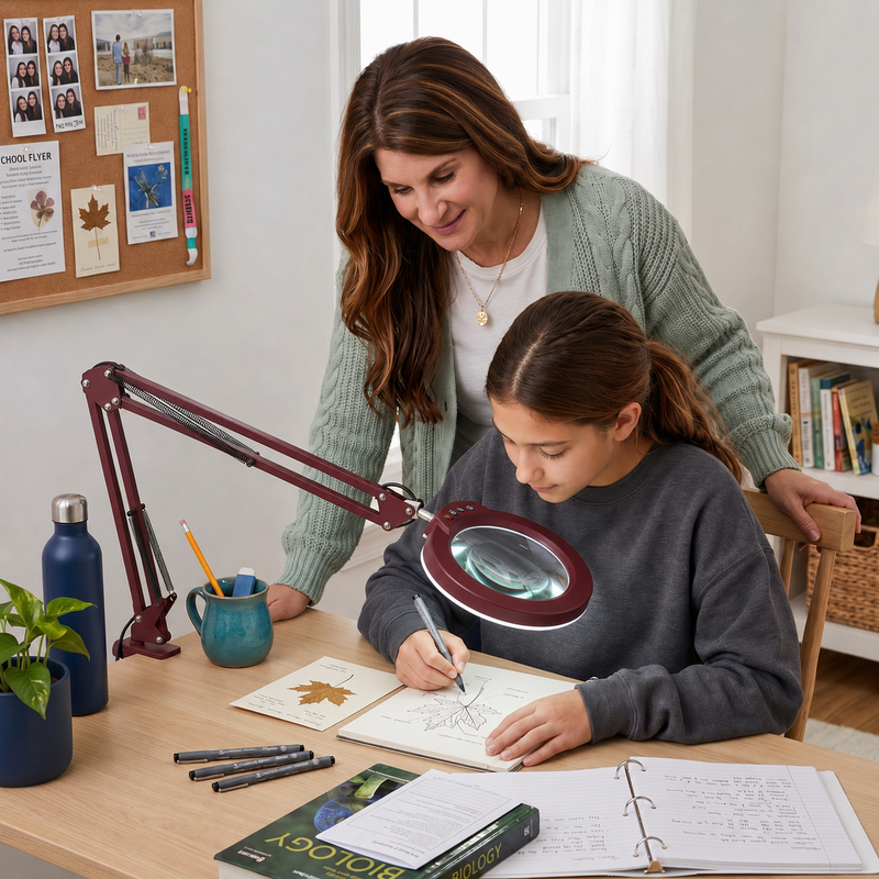 Mother and daughter using a black LED magnifying lamp on a desk for a nature journaling project