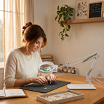 Mother and daughter using a black LED magnifying lamp on a desk for a nature journaling project