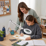 Mother and daughter using a black LED magnifying lamp on a desk for a nature journaling project