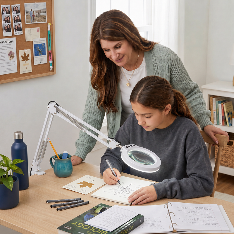 Mother and daughter using a black LED magnifying lamp on a desk for a nature journaling project