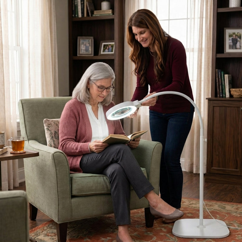 Mother and daughter using a black LED magnifying lamp on a desk for a nature journaling project