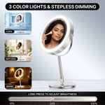 LED makeup mirror dual-sided magnification comparing 1X standard view and 10X close-up view