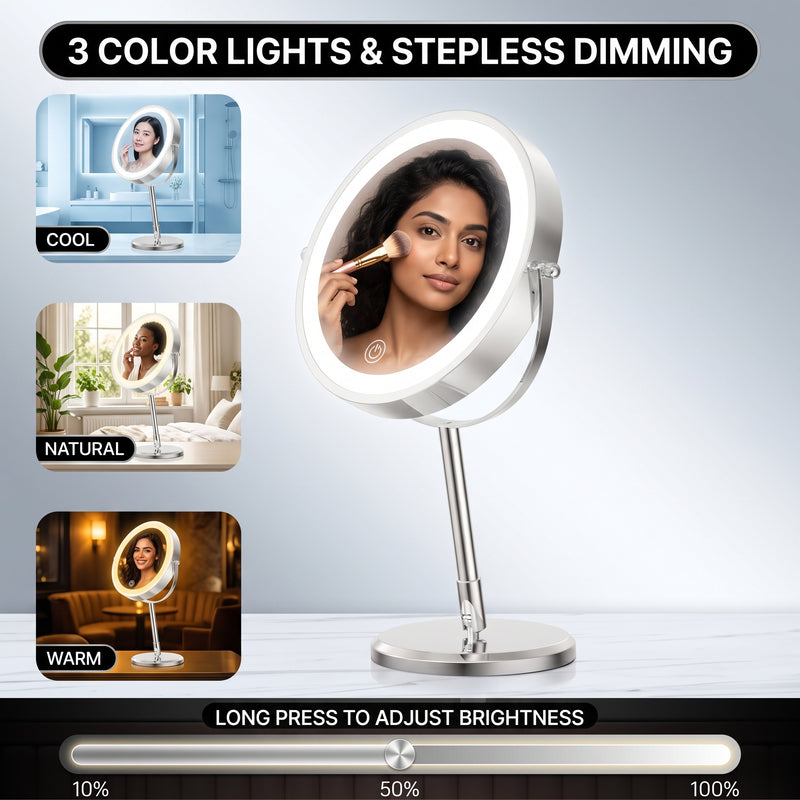 LED makeup mirror dual-sided magnification comparing 1X standard view and 10X close-up view